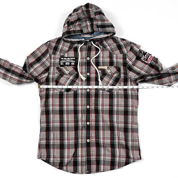 Rolling Paper Co Medium Plaid Hooded Work Shirt Long‎ Sleeve Patches Pockets EUC - Picture 4 of 11